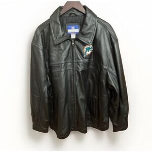 VTG NFL Team Apparel Reebok Miami Dolphins Black Leather Bomber Jacket XL RARE!